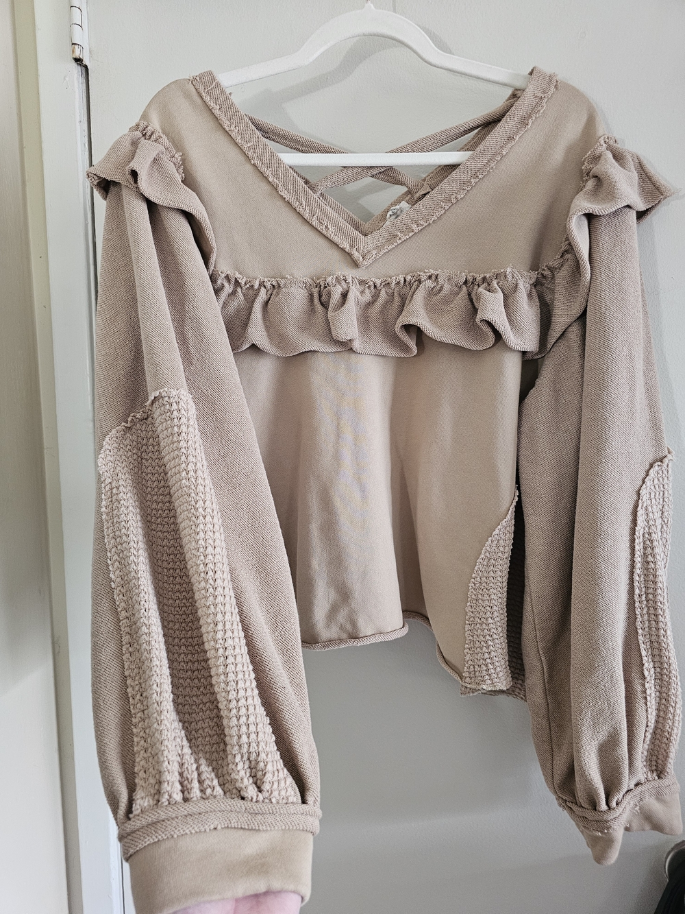 POL Crisscross Ruffle V-Neck Sweater Top - Taupe - Picture 3 of 6